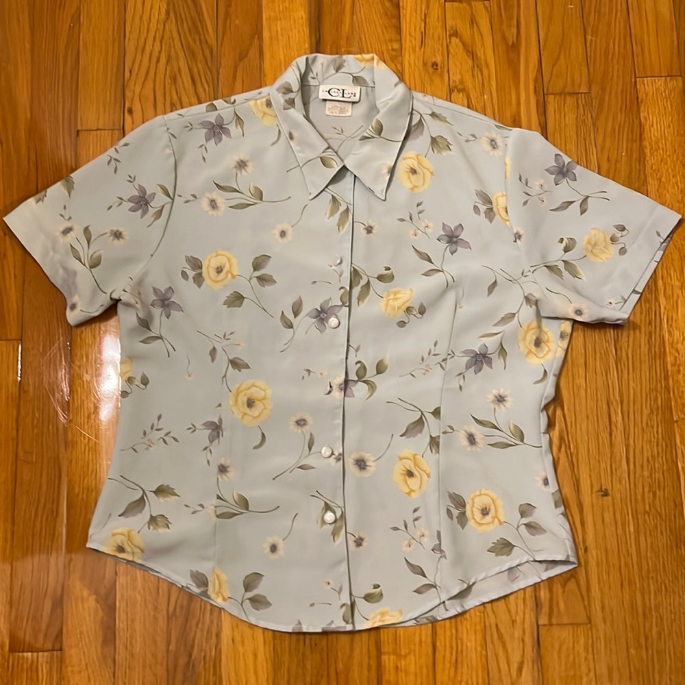 Vintage Blue Floral Button Up Blouse